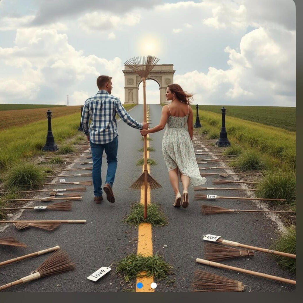 A couple making their way through life, dodging upturned rakes along the path.